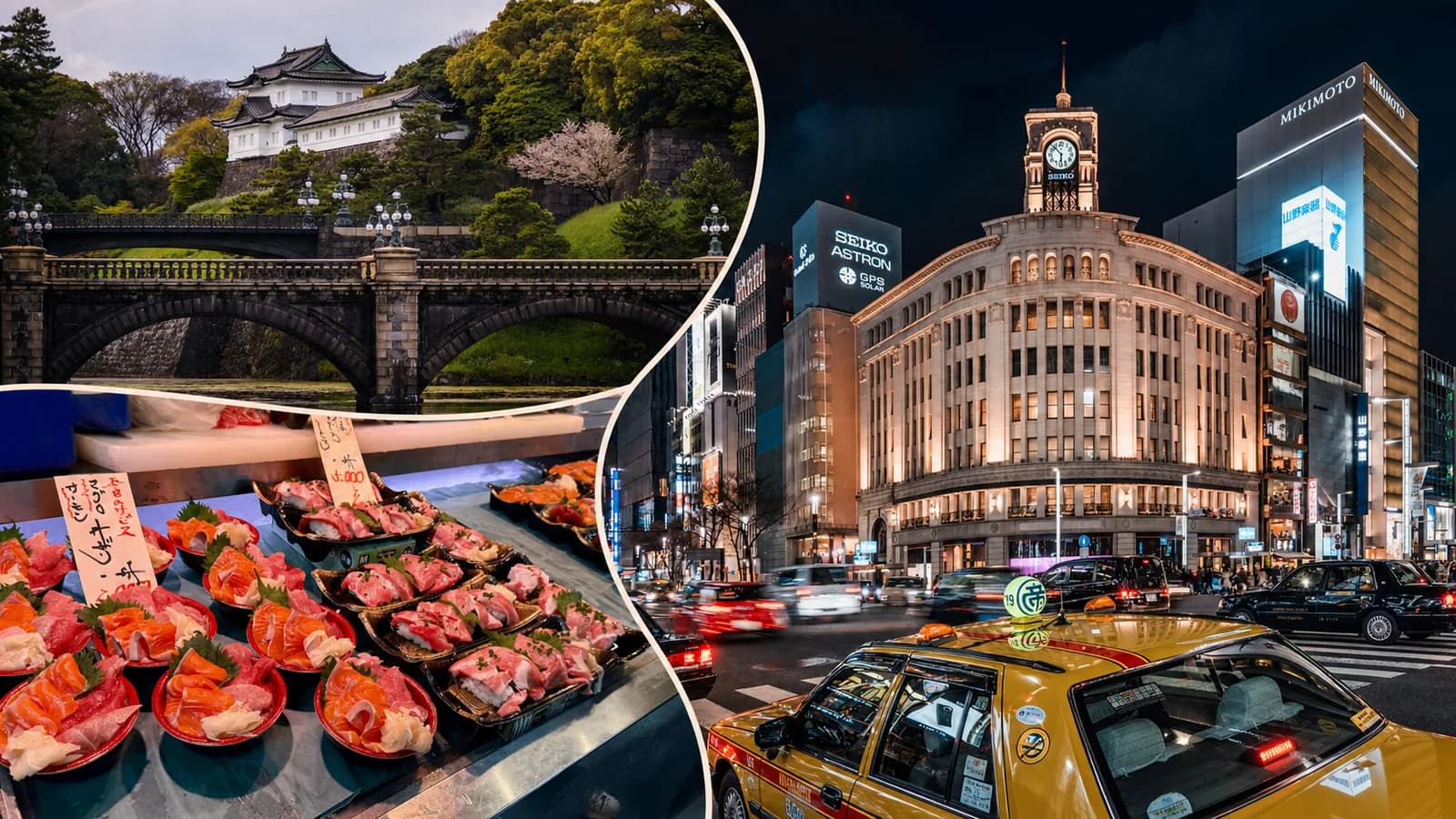 Collage del centro clásico: los jardines del Palacio Imperial, el mercado de Tsukiji y Ginza de noche