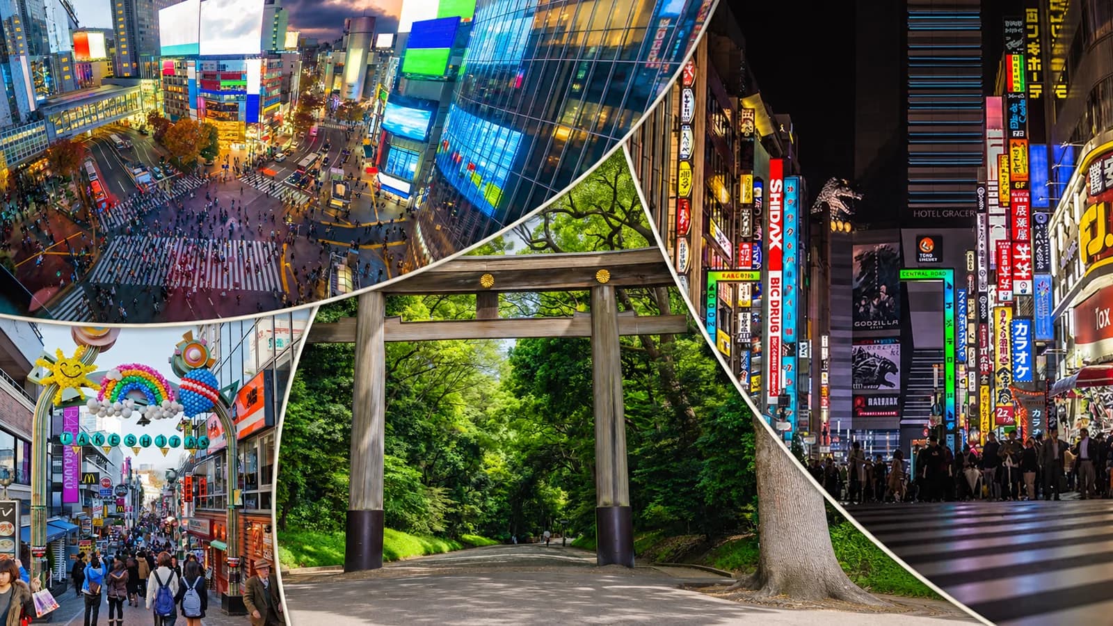 Collage del día 2: el santuario Meiji, el cruce de Shibuya y los neones de Shinjuku