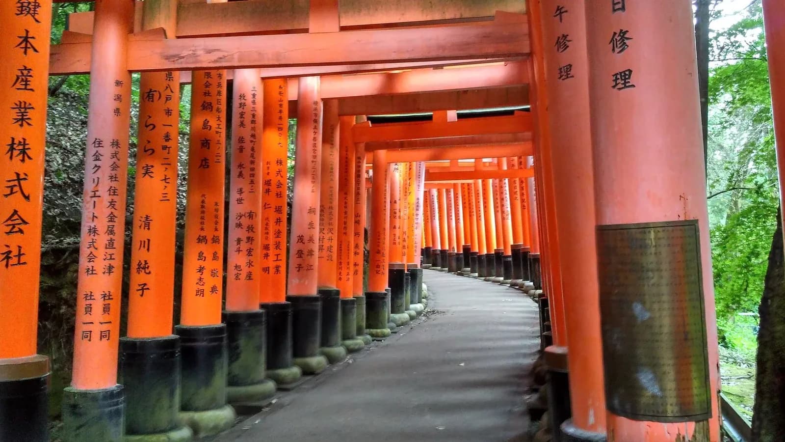 Túnel de torii de Fushimi Inari con los nombres de los donantes grabados en las columnas