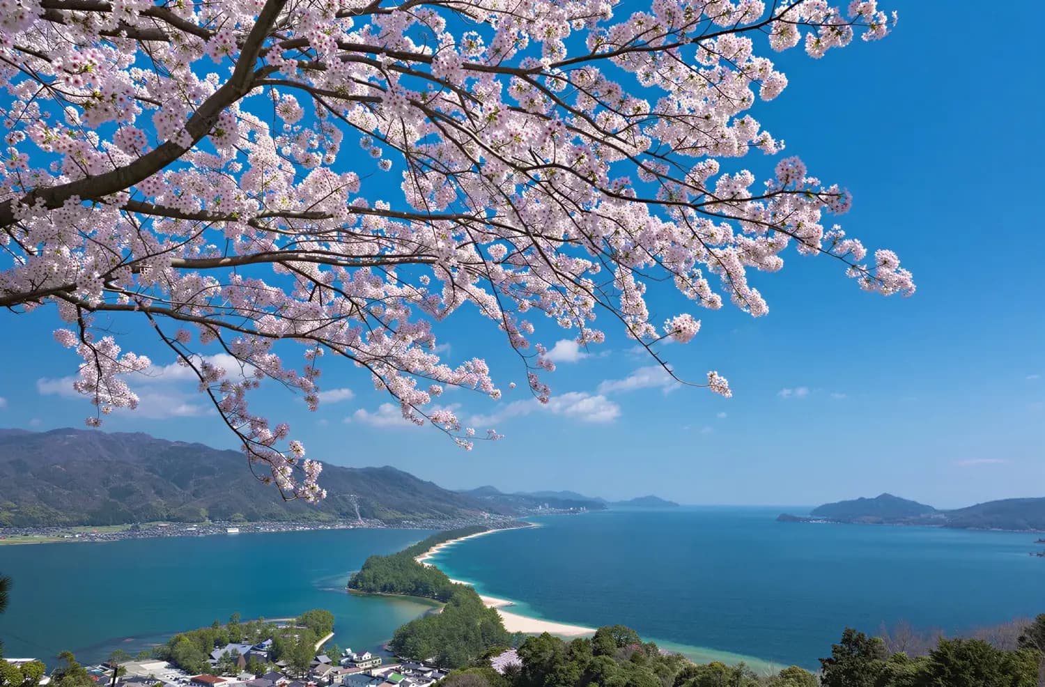 La barra de arena de Amanohashidate cruzando la bahía, vista desde el mirador