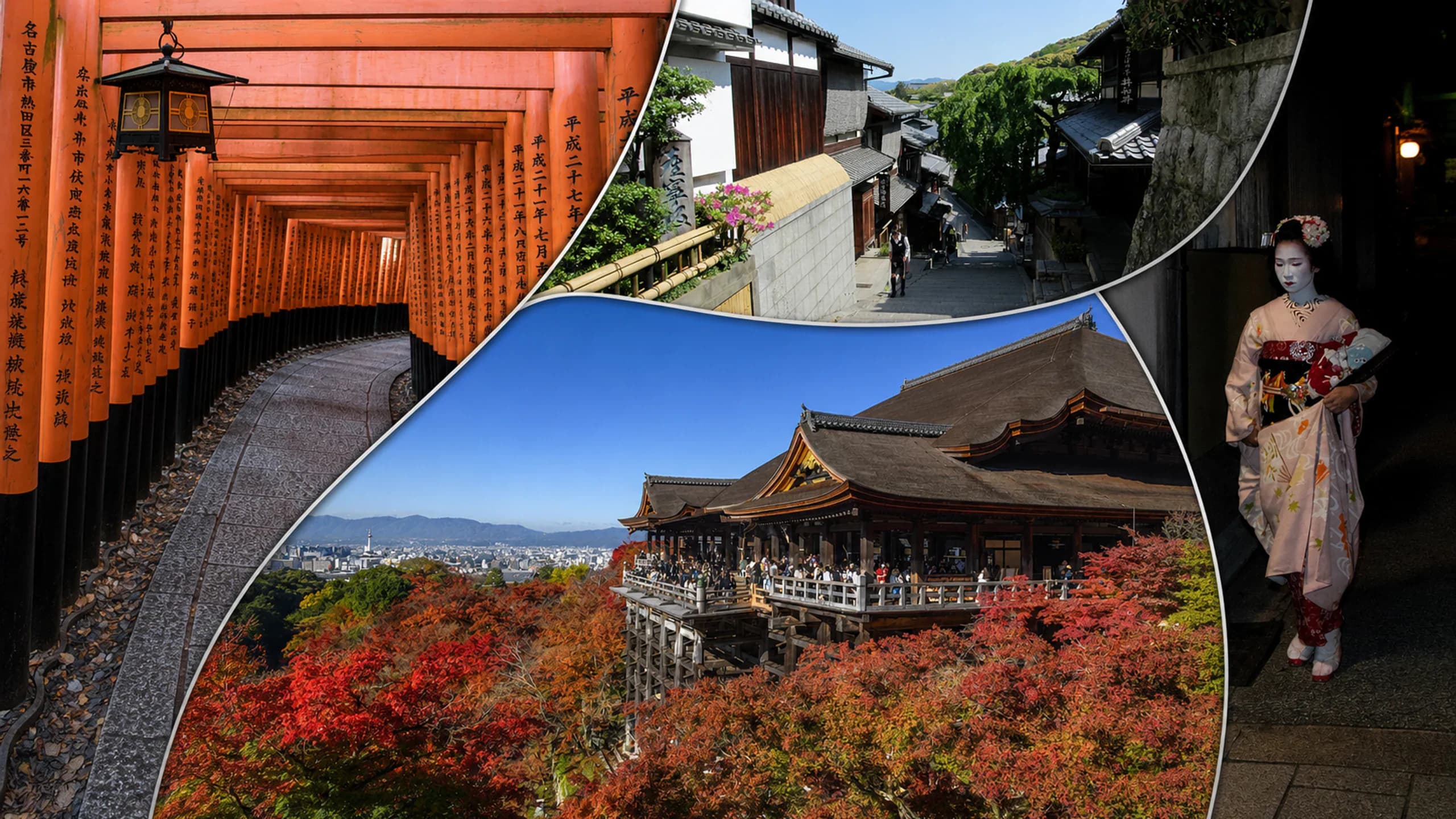 Collage de la zona 1 de Kioto: Fushimi Inari, Kiyomizu-dera, Sannenzaka y una maiko en Gion
