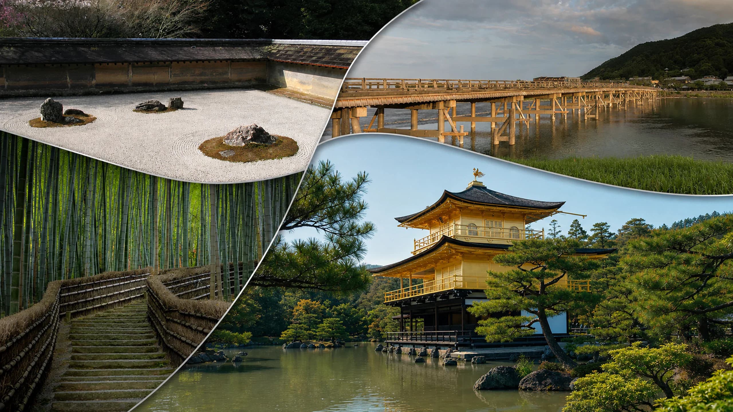 Collage de la zona 2 de Kioto: Kinkaku-ji, Ryoan-ji, Arashiyama y el puente Togetsukyo