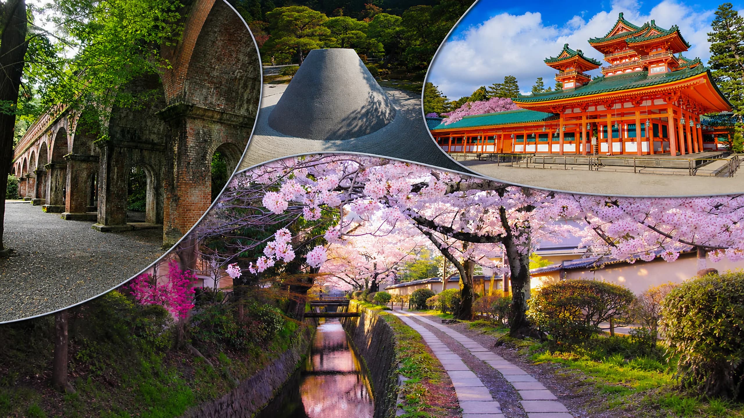 Collage de la zona 3 de Kioto: Paseo del Filósofo, Ginkaku-ji, acueducto Suirokaku y santuario Heian