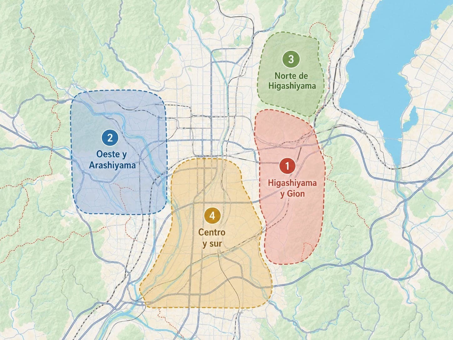 Plano de Kioto con las cuatro zonas del artículo marcadas: 1 Higashiyama y Gion al este, 2 Oeste y Arashiyama, 3 Norte de Higashiyama y 4 Centro y sur.