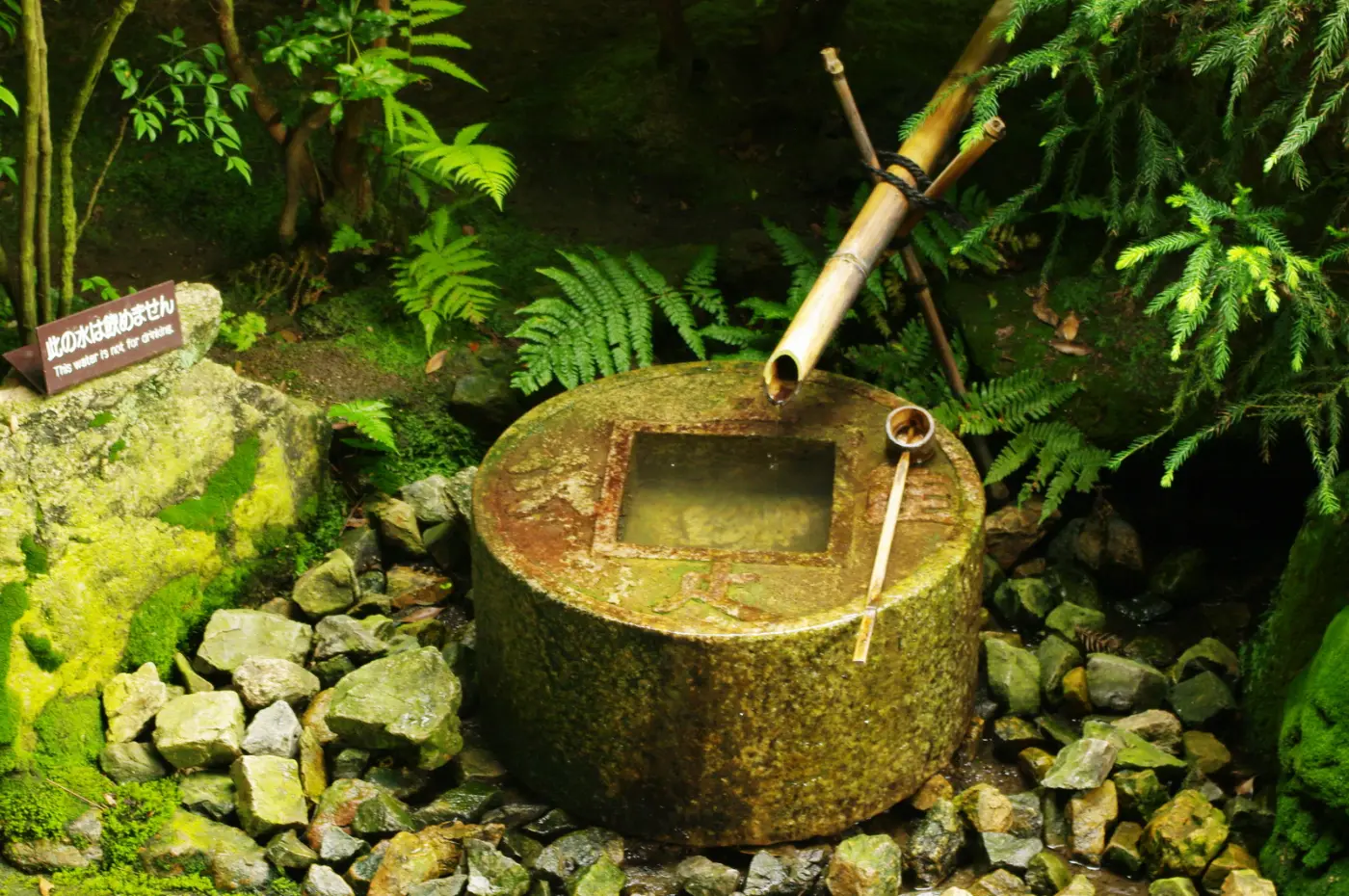 El tsukubai de Ryoan-ji, la pila de piedra con los cuatro caracteres alrededor del hueco central