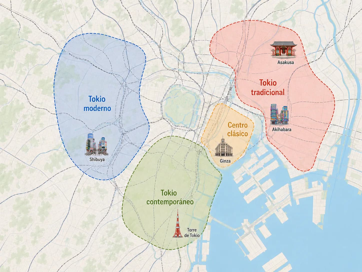 Mapa de Tokio con los barrios de cada día marcados