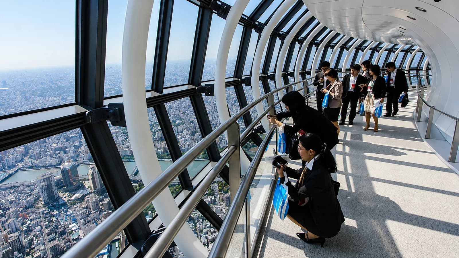 El corredor acristalado de la Tembo Galleria del Tokyo Skytree, con gente mirando la ciudad