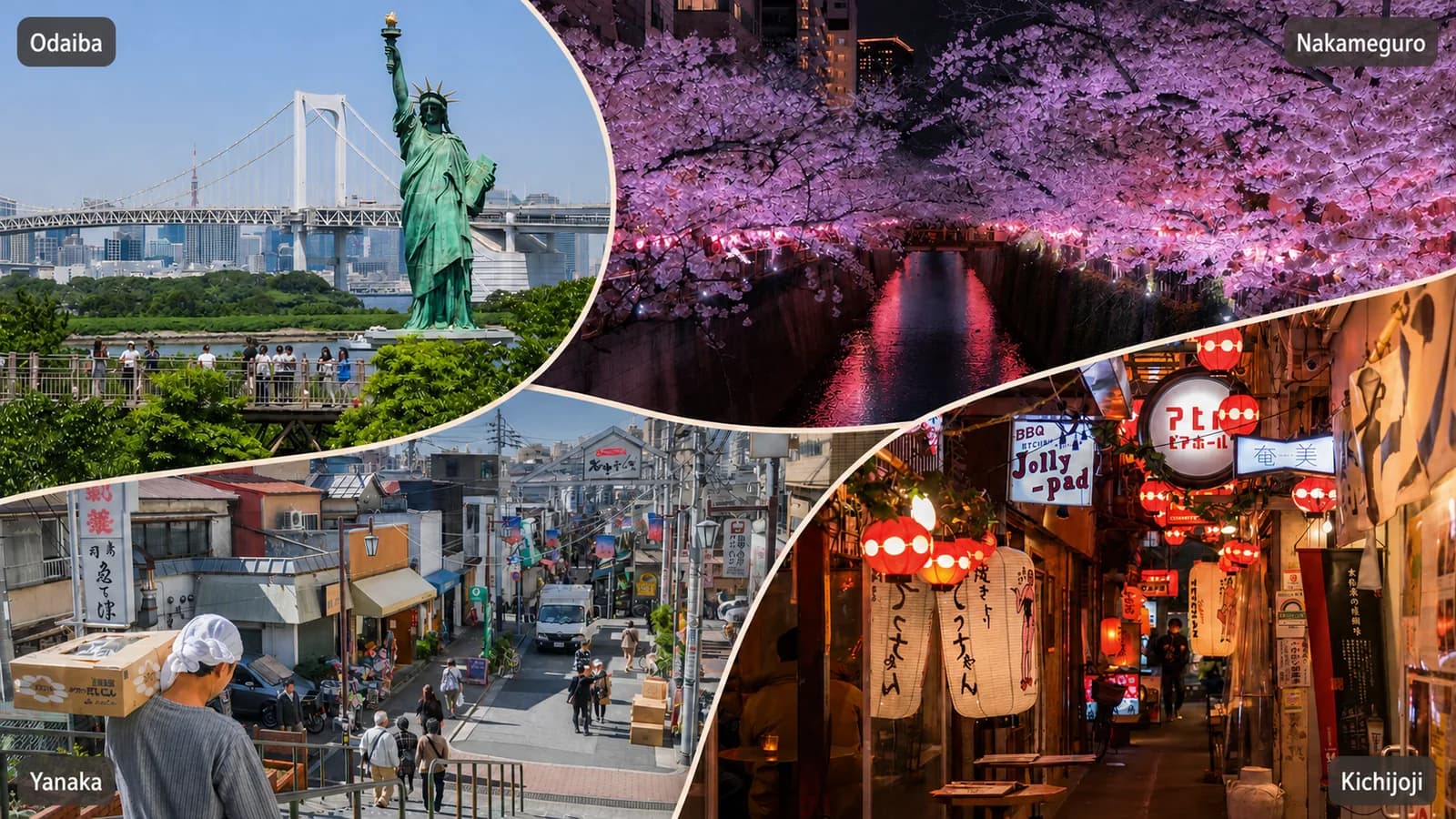 Collage de cuatro barrios para un día extra en Tokio: Odaiba, Nakameguro, Yanaka y Kichijoji