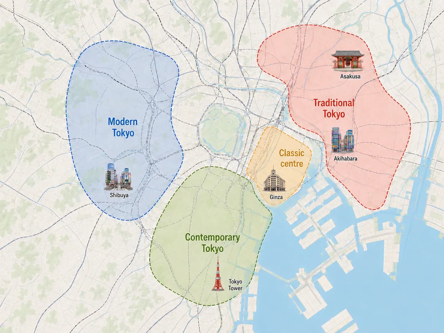 Map of Tokyo showing Traditional Tokyo, Modern Tokyo, the classic centre and Contemporary Tokyo